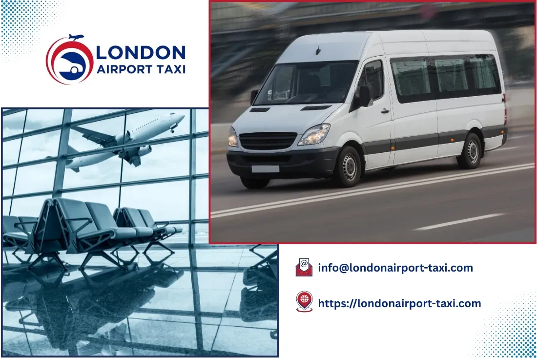 8 seater taxi waiting at UK airport terminal for group pickup