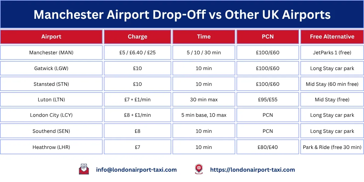 Manchester Airport drop-off charges tariff: £5 for up to 5 minutes, £6.40 for up to 10 minutes, £25 for up to 30 minutes at Terminal 2 and Terminal 3