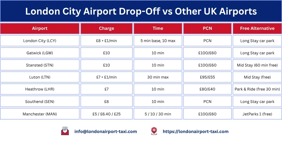 London City Airport drop off charge 2026 compared with Heathrow, Gatwick, Stansted, Luton and Southend