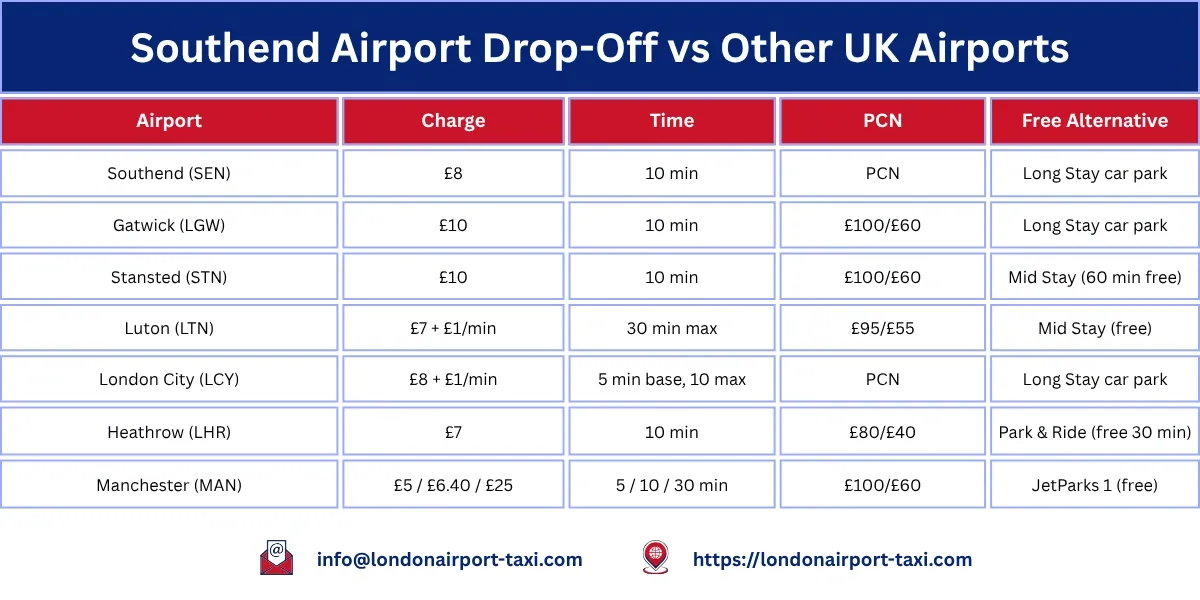 Southend Airport drop off charges 2026 compared with Heathrow, Gatwick, Stansted, Luton and London City