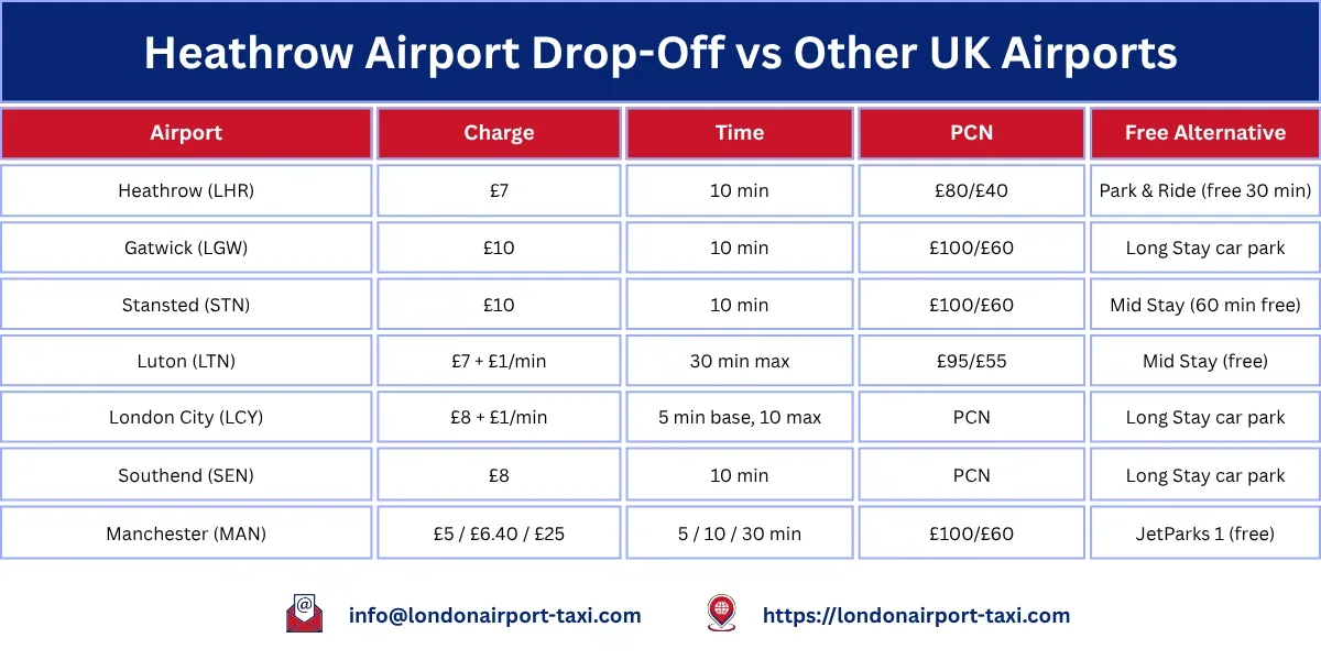 Heathrow drop off charge 2026 compared with Gatwick, Stansted, Luton, London City and Southend