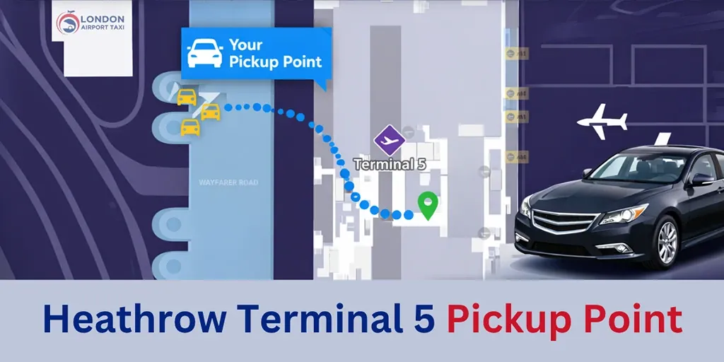 Heathrow Terminal 5 taxi pickup points map: Costa Coffee meeting point, black cab rank and Terminal Parking 5