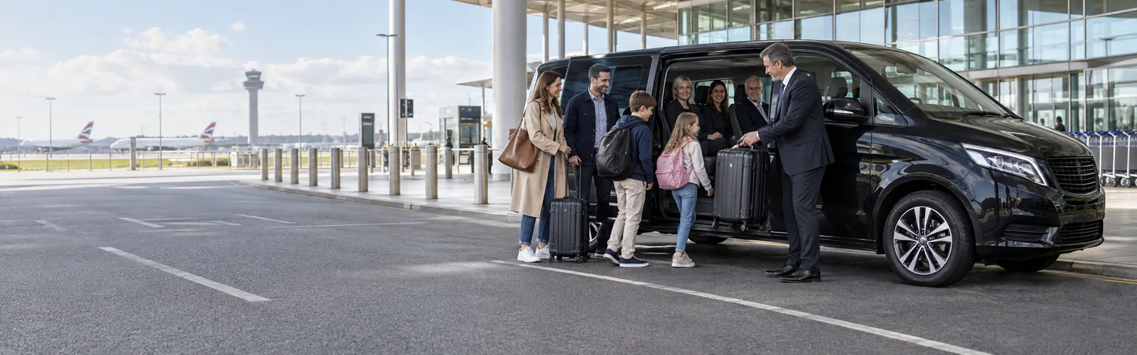 Eight-seater taxi driver helping a family group board at an airport terminal