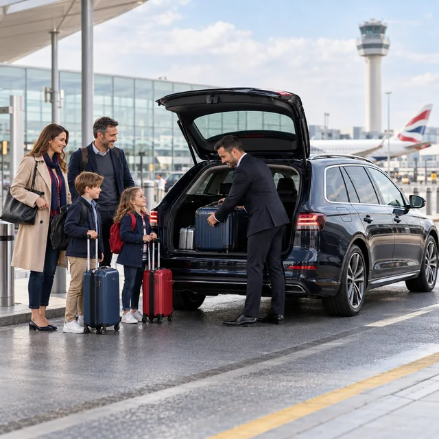 Professional airport chauffeur helping a family load luggage into an estate car