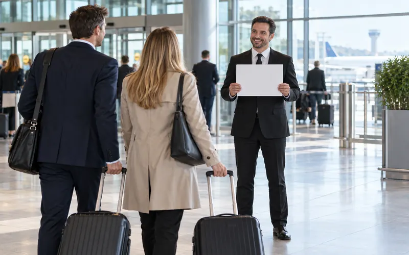 Driver with a blank name board greeting business travellers in an airport arrivals hall