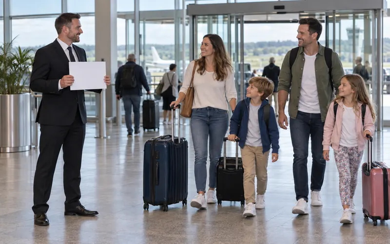 Driver with a blank name board greeting a family with luggage in an airport arrivals hall