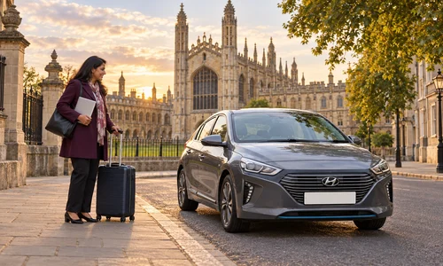 Illustration of a taxi pickup with luggage in Cambridge for a Heathrow transfer