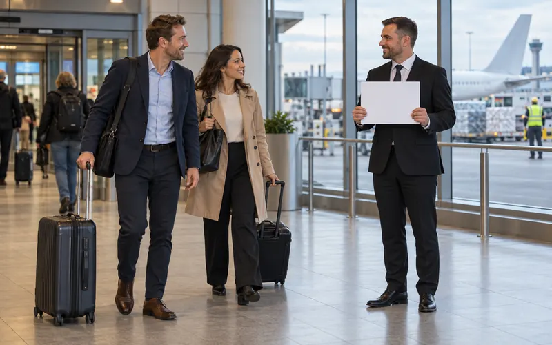 Driver with a blank name board greeting travellers in a regional airport arrivals hall