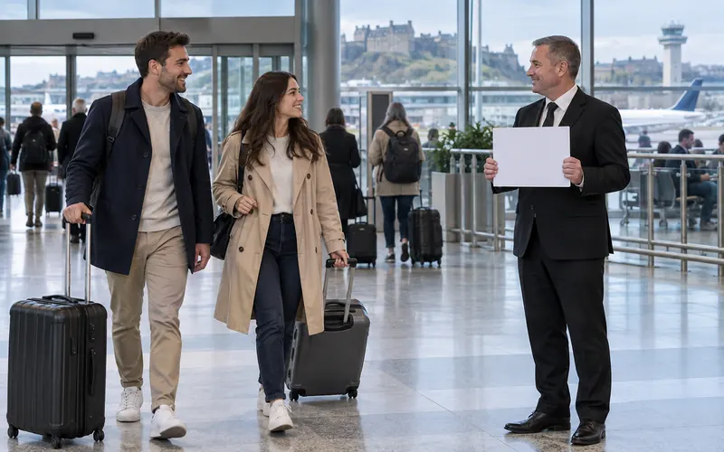 Driver with a blank name board greeting international travellers in Edinburgh airport arrivals