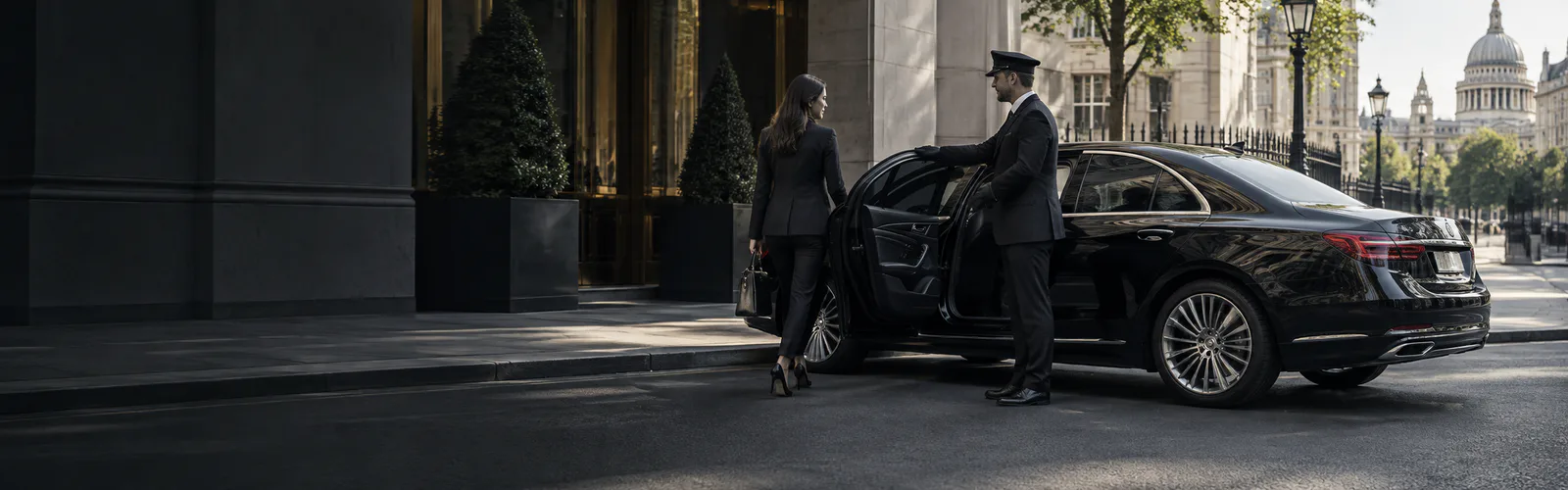 Executive chauffeur opening a black saloon for a business traveller in London