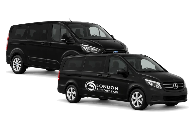 16 seater group booking: Ford Tourneo and Mercedes Vito travelling together, with LondonAirport-Taxi.com branding