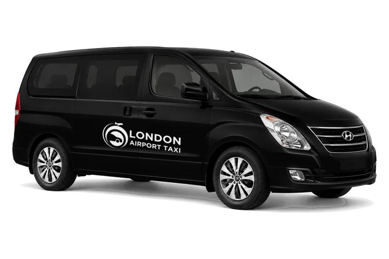 7 seater Hyundai i800 minibus with LondonAirport-Taxi.com branding for group airport transfers