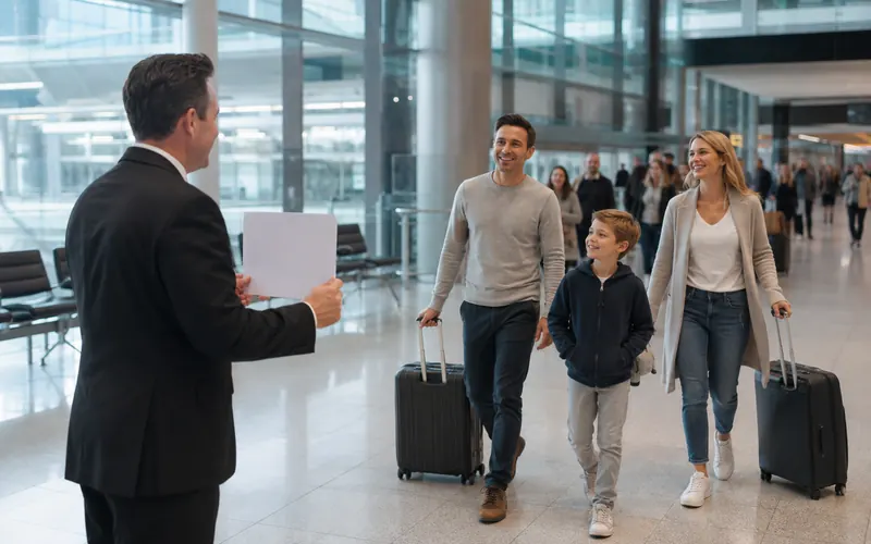 Driver greeting a family with luggage inside a modern airport arrivals hall