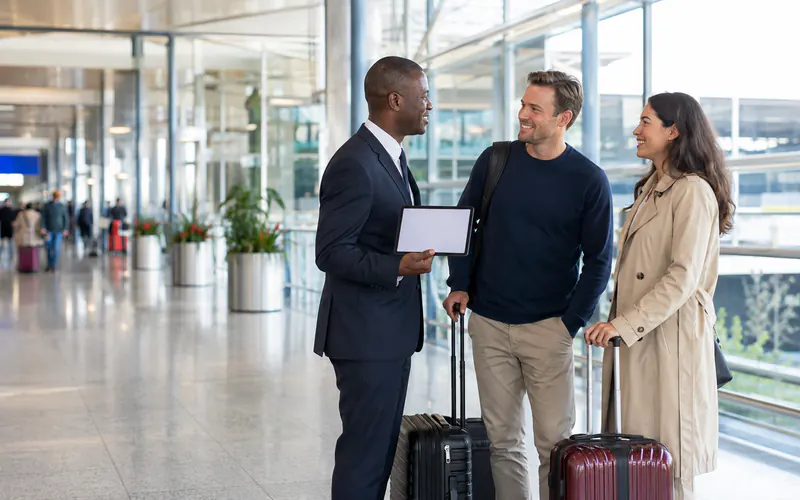 Airport transfer driver greeting two travellers with luggage inside a modern arrivals hall