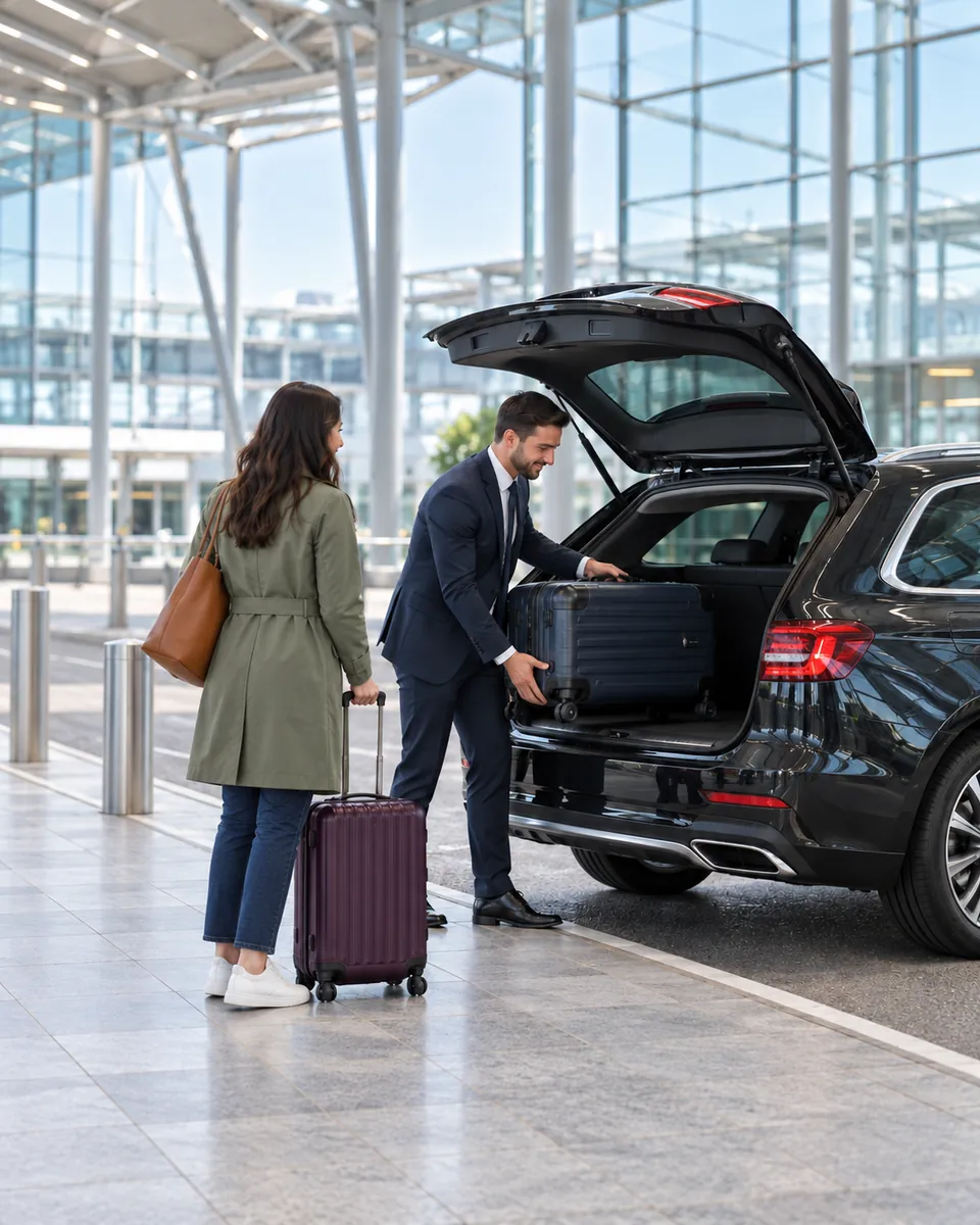 Driver loading a suitcase into a taxi outside a Heathrow terminal