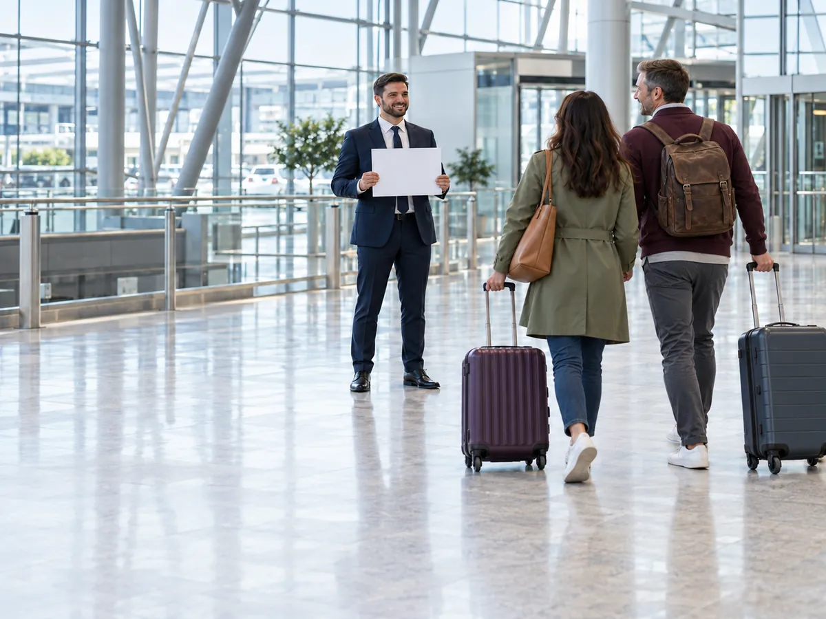 Driver holding a name board greets a couple with suitcases in Heathrow arrivals