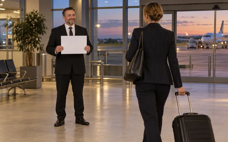 Driver with a blank name board greeting a business traveller in a quiet regional airport arrivals hall