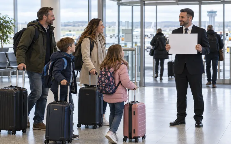 Driver with a blank name board greeting a family with luggage in an airport arrivals hall