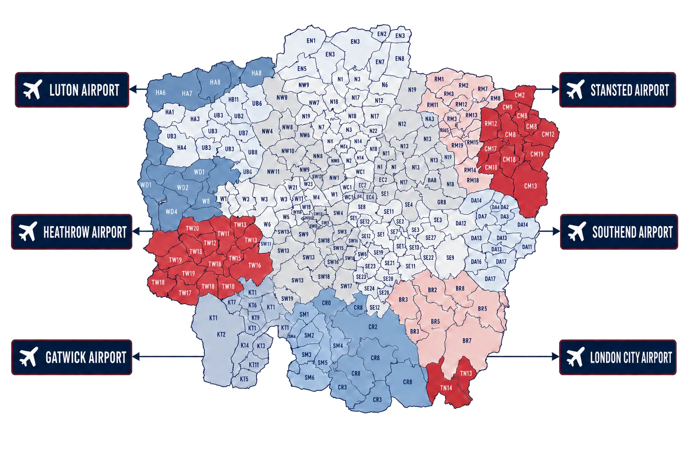 Map of London postcode areas covered for transfers to Heathrow, Gatwick, Stansted, Luton, London City and Southend airports