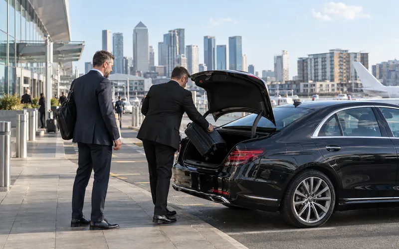 Driver loading a business traveller’s suitcase into a black executive car in the Royal Docks