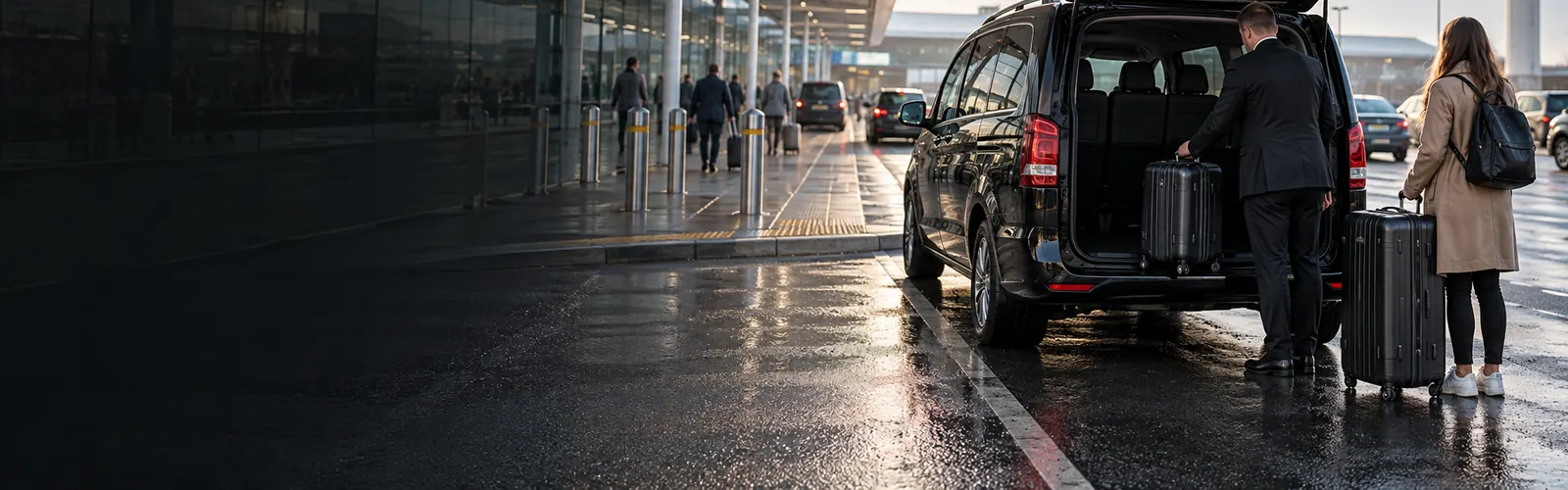 Black MPV with driver and luggage outside a modern single-terminal airport after rain