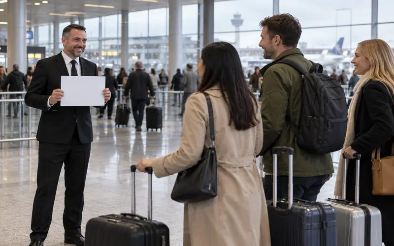 Driver with a blank name board greeting international travellers in a busy arrivals hall
