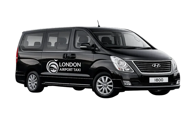 MPV 7 seater Hyundai i800 with LondonAirport-Taxi.com branding for group airport transfers