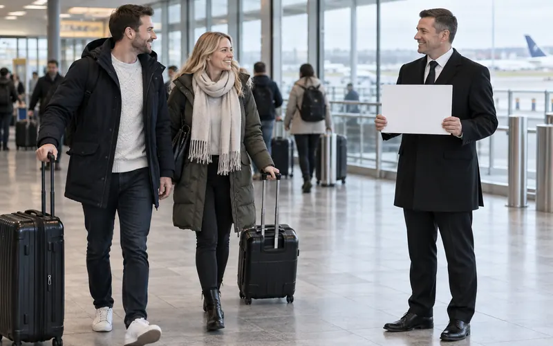 Driver with a blank name board greeting travellers with luggage in an airport arrivals hall