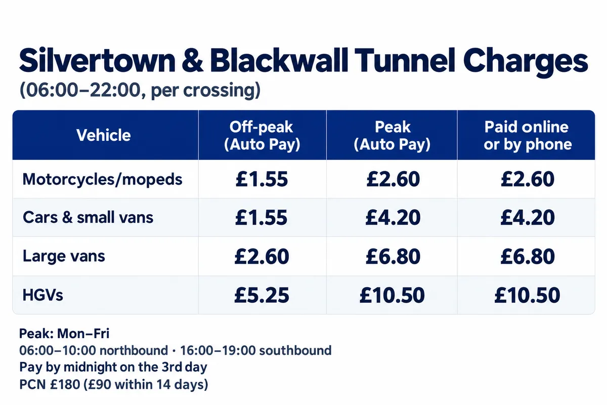 Silvertown and Blackwall tunnel charges per crossing from 21 September 2026: cars and small vans £1.55 off-peak or £4.20 peak with Auto Pay, £4.20 paid online or by phone; motorcycles, large vans and HGVs also listed
