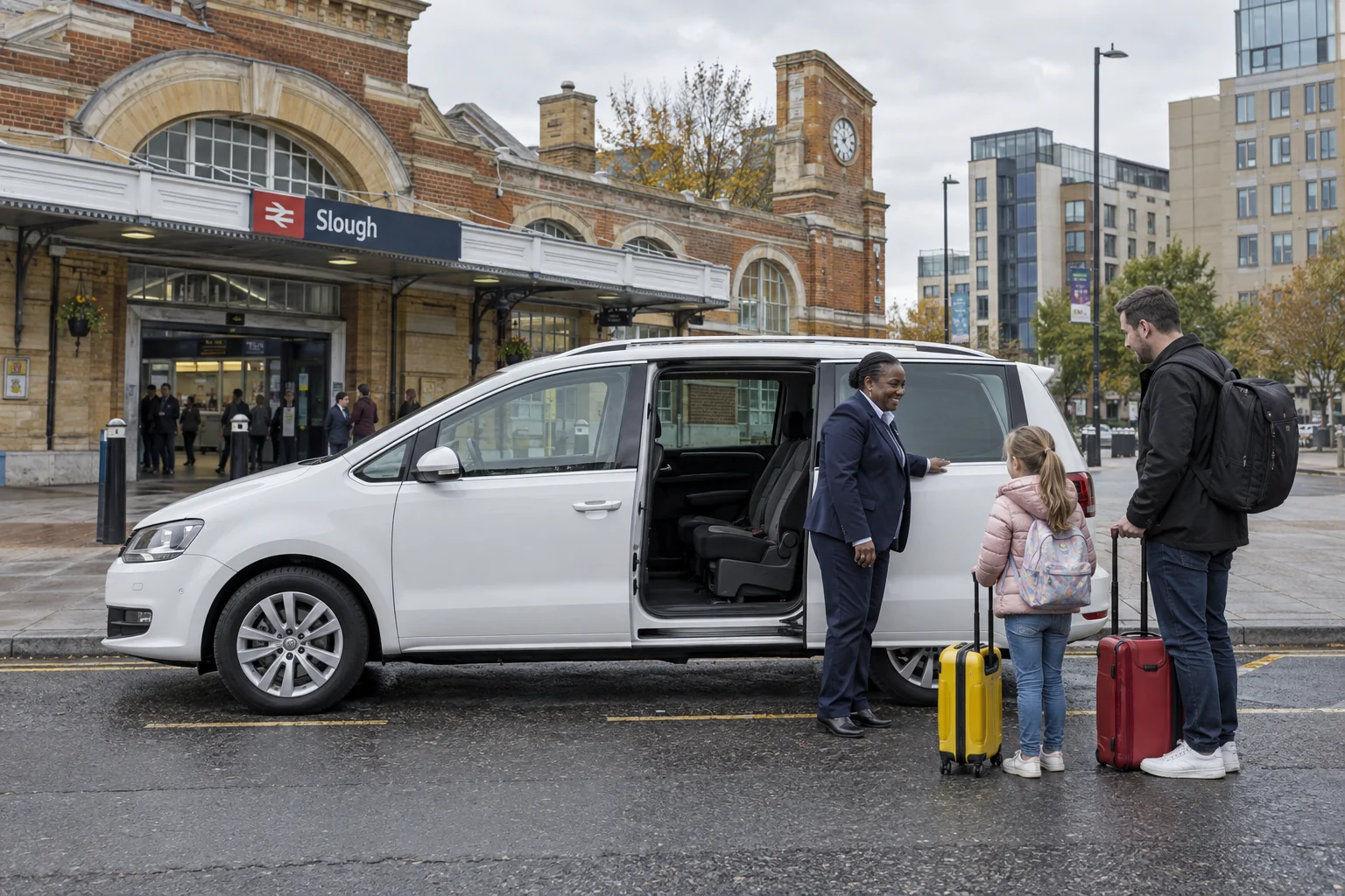 Illustration of a taxi pickup with luggage in Slough for a Heathrow transfer