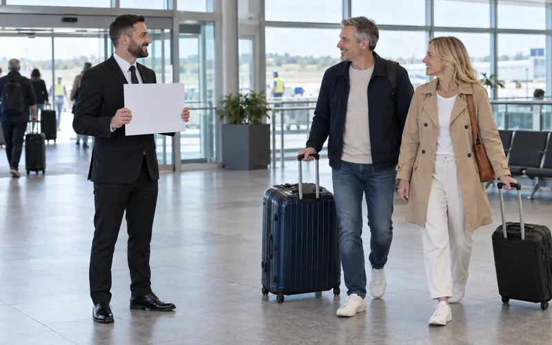 Driver with a blank name board greeting a couple with luggage in an airport arrivals hall