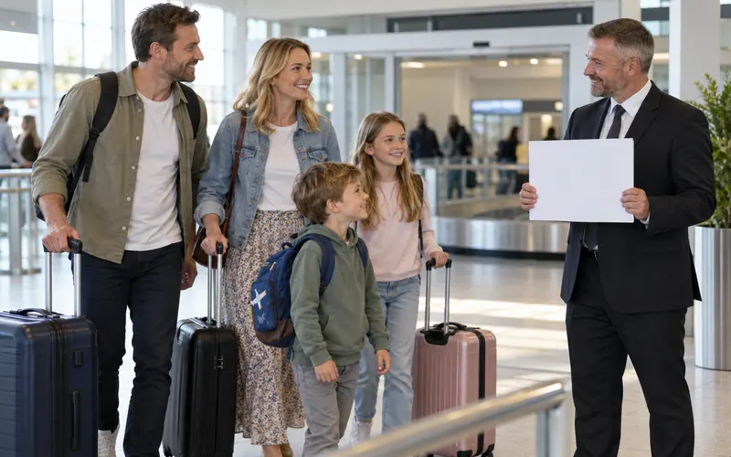 Driver holding a blank name board and greeting a family with luggage inside a compact airport arrivals hall