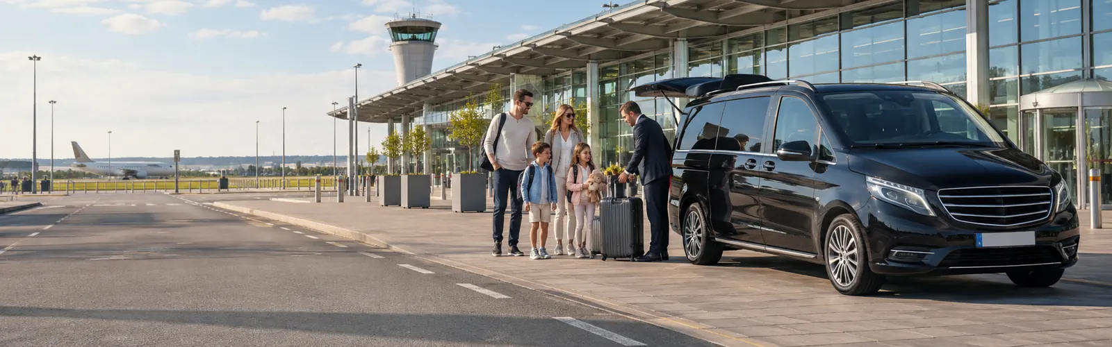 Family with a driver loading suitcases into an MPV outside Southend Airport