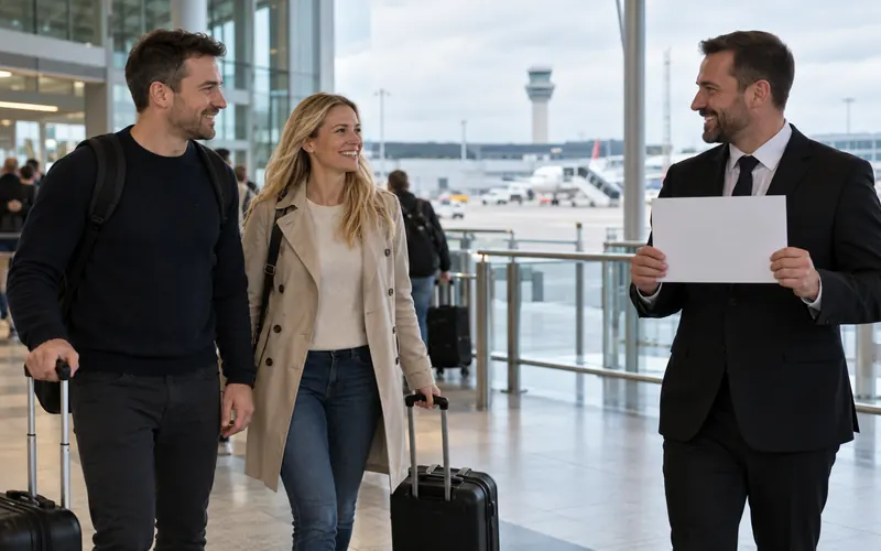 Driver with a blank name board greeting two travellers inside an airport arrivals hall