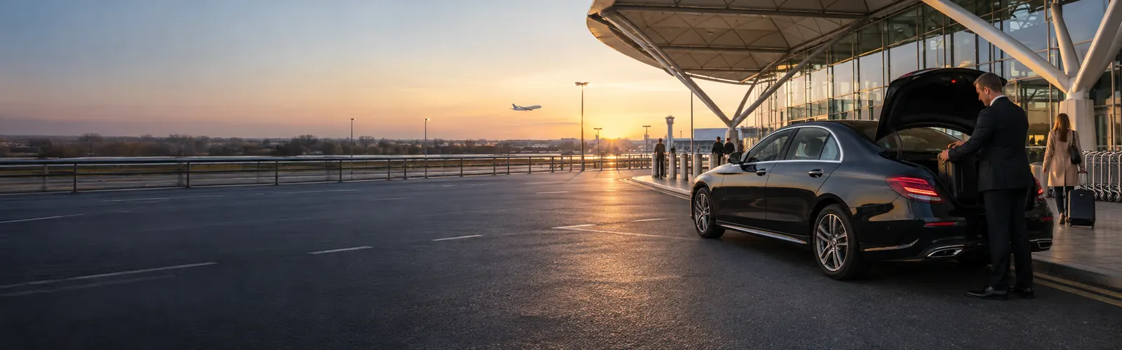 Black airport transfer car and driver outside a modern single-terminal airport at sunrise