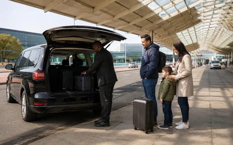 Driver loading family luggage into a black MPV at an airport terminal drop-off