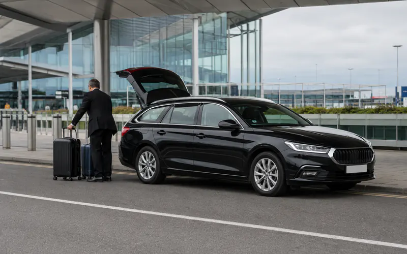 Driver preparing luggage beside a black estate car at a Heathrow terminal drop-off area