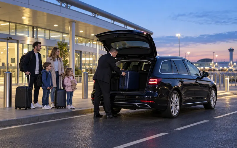 Driver loading family luggage into a black estate car outside a compact airport before sunrise