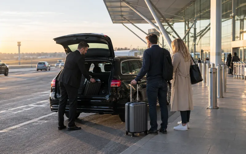 Driver loading luggage into a black estate car at an airport terminal in early morning light