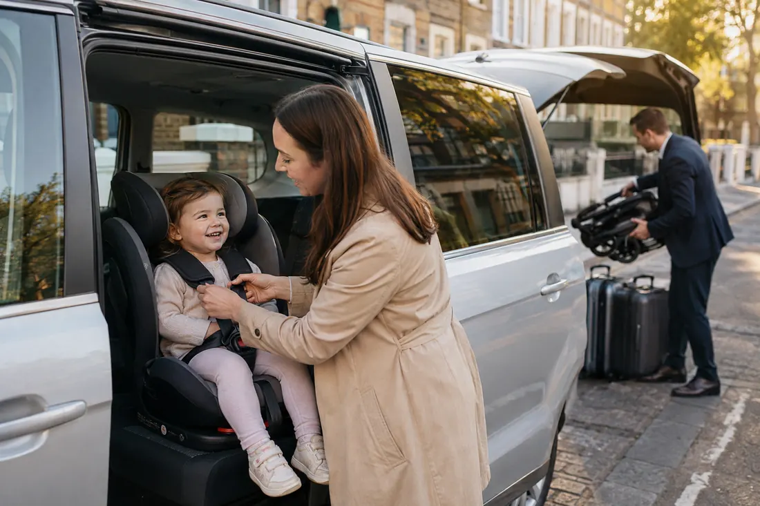 Parent fitting a child into a car seat in a people carrier taxi with luggage and a pushchair loaded