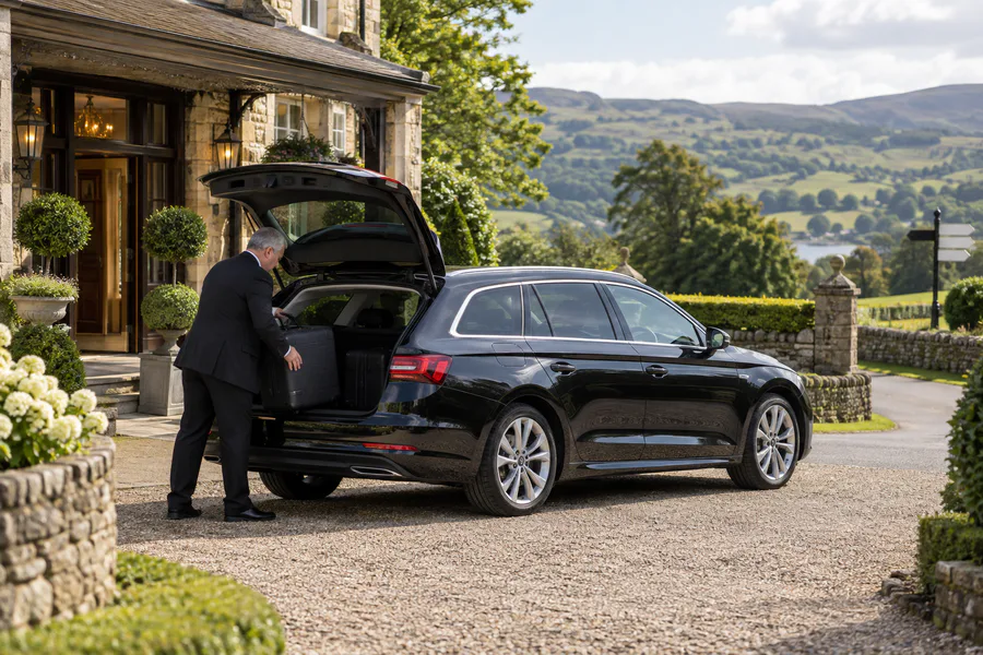 Long-distance taxi driver unloading luggage outside a countryside hotel