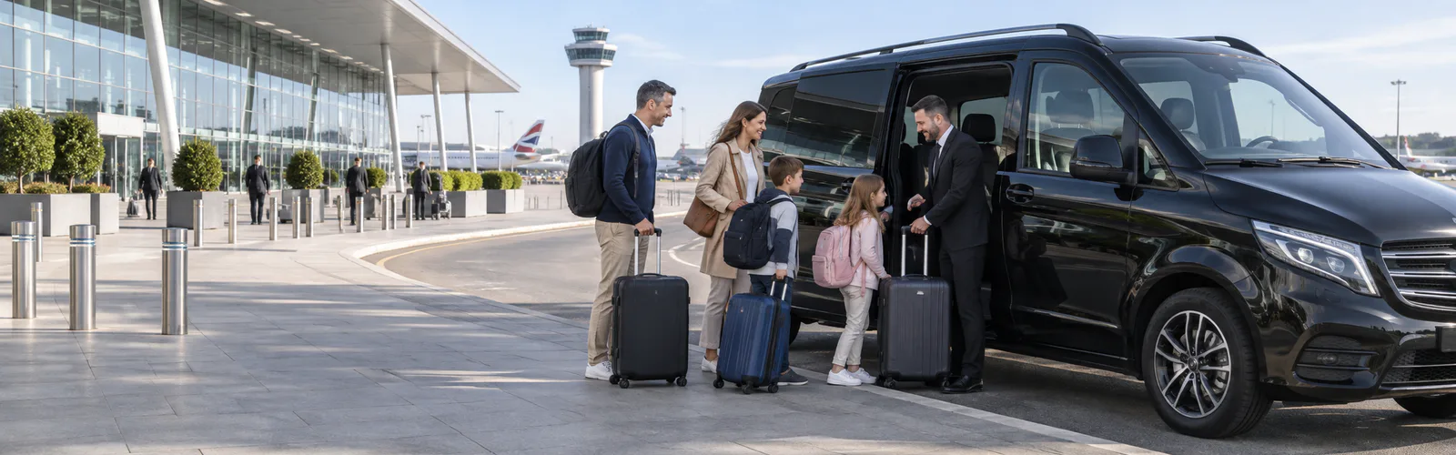 Airport minibus driver helping a family and their luggage at a terminal